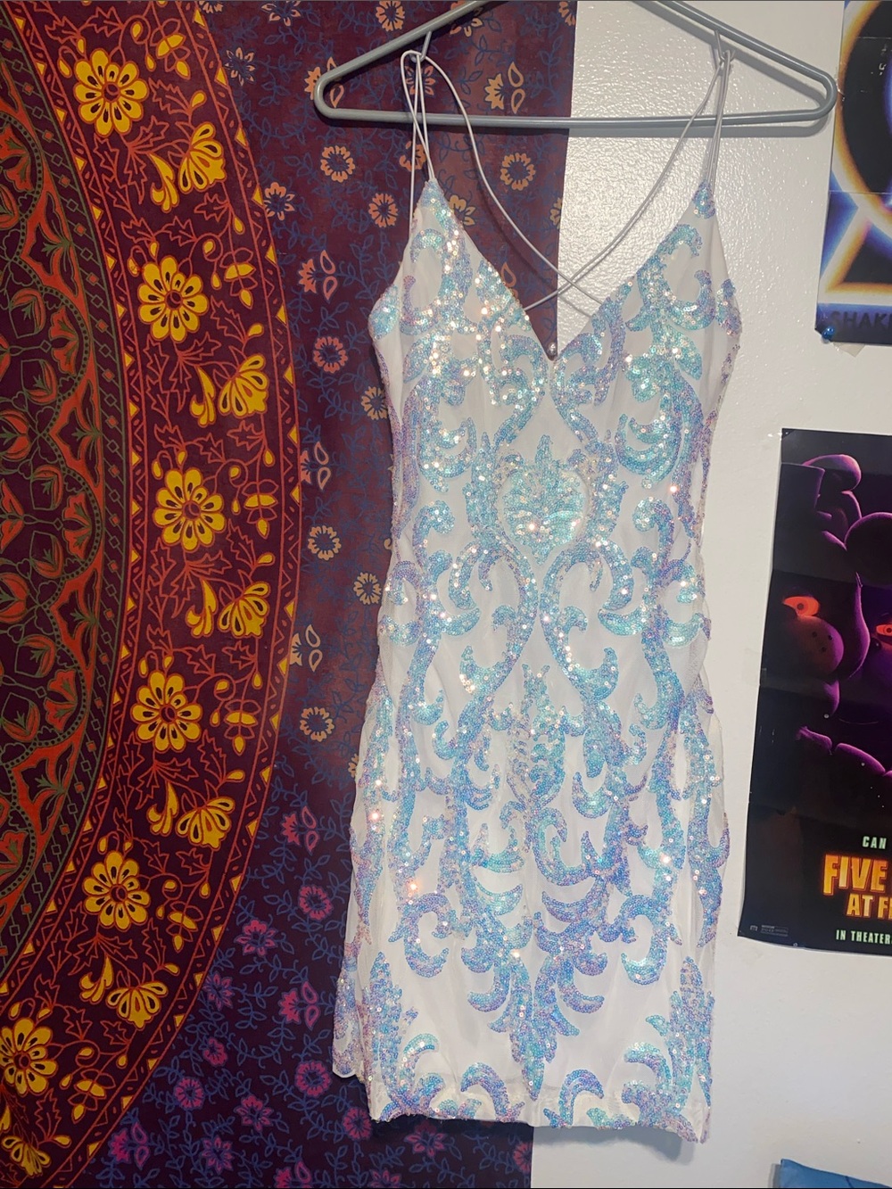 Windsor White Mini Dress with Iridescent Blue Sequin Pattern